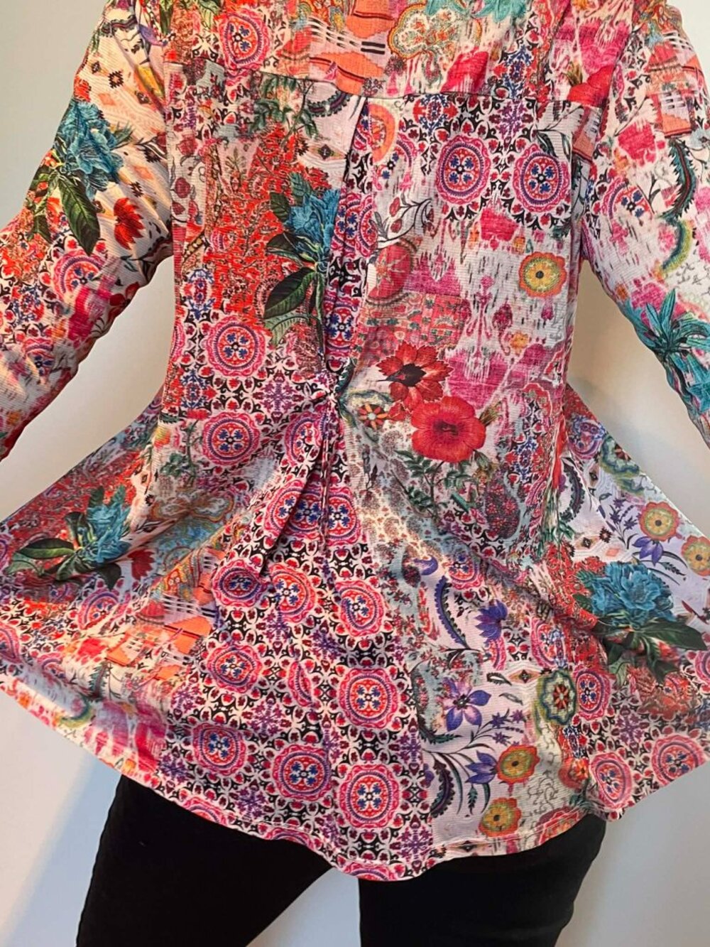 Boho Chic Patchwork Floral Blouse Artsy Colorful Tunic Festival Top Medium